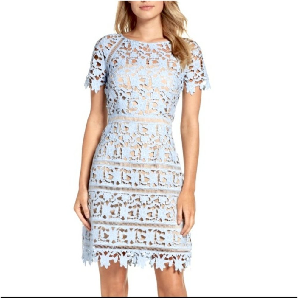 Eliza J Baby  Blue Nude Crochet Lace iIlusion Sheath Dress.  Sz 6P